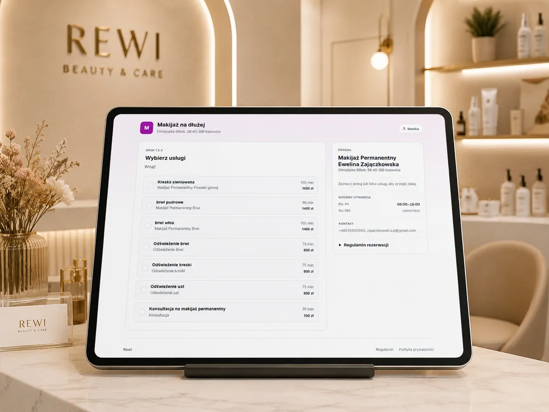 Ekran rezerwacji online Rewi na tablecie ustawionym w recepcji salonu