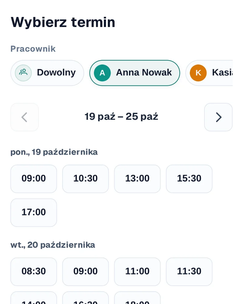 Strona rezerwacji online Rewi na telefonie: wybrana pracownica i wolne godziny na kolejne dni tygodnia