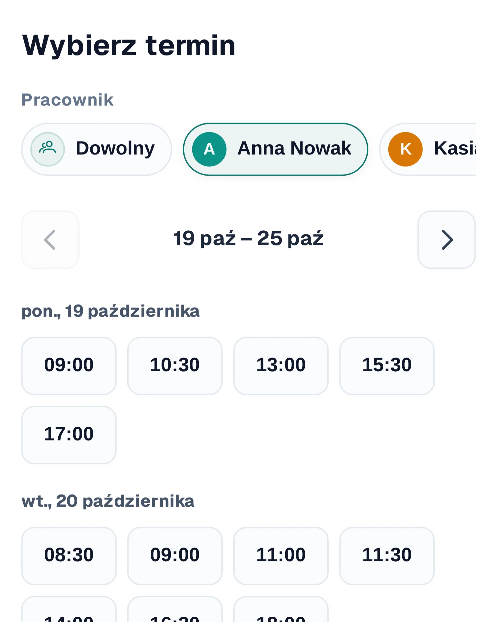 Strona rezerwacji online Rewi na telefonie: wybrana pracownica i&nbsp;wolne godziny na kolejne dni tygodnia