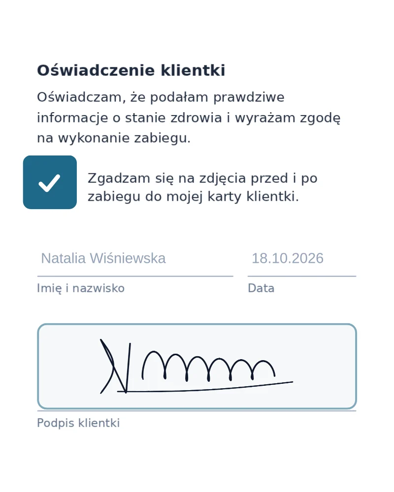 Zgoda na zabieg podpisana na tablecie w Rewi: zaznaczona zgoda na zdjęcia, imię i nazwisko, data i odręczny podpis klientki