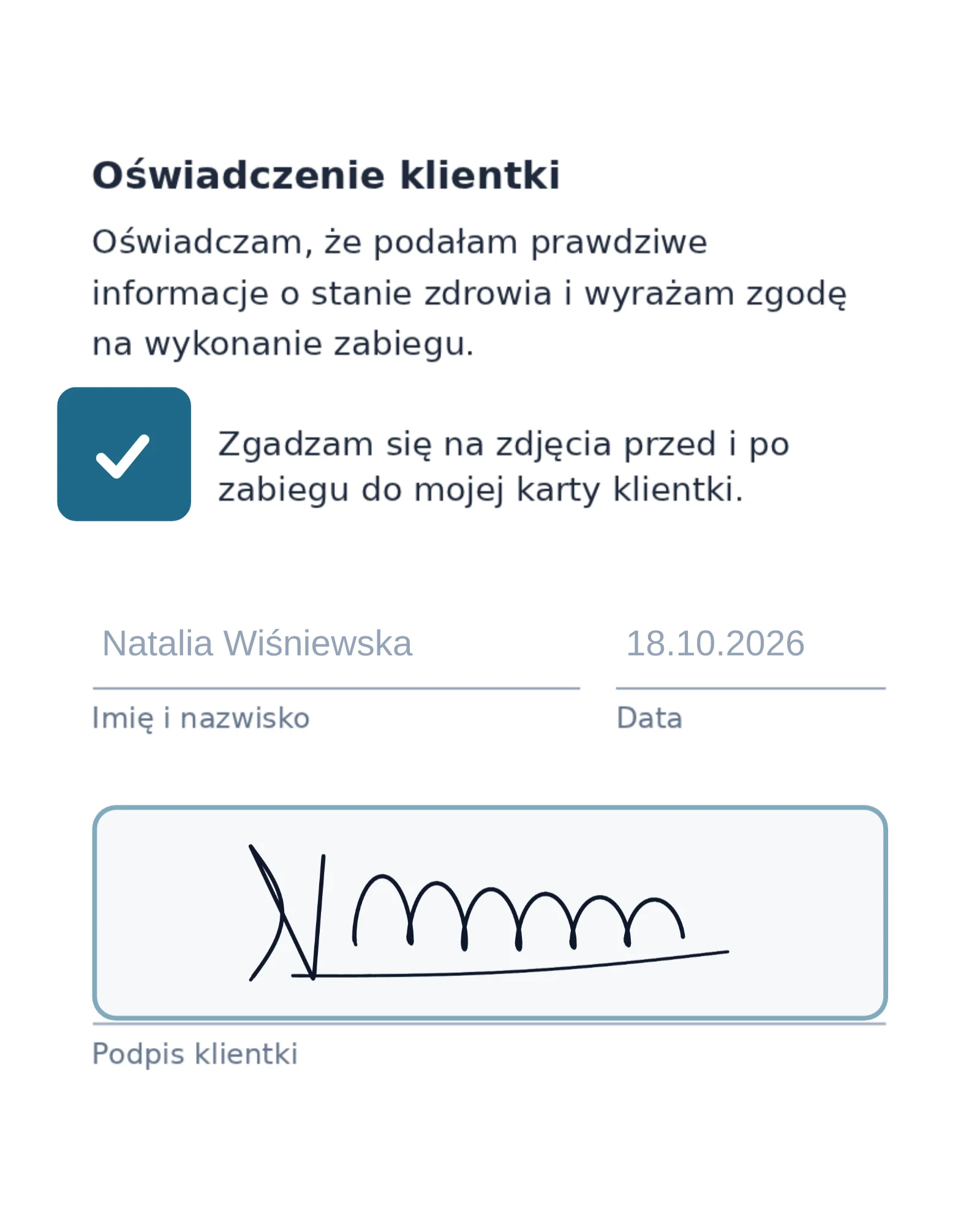 Zgoda na zabieg podpisana na tablecie w Rewi: zaznaczona zgoda na zdjęcia, imię i nazwisko, data i odręczny podpis klientki