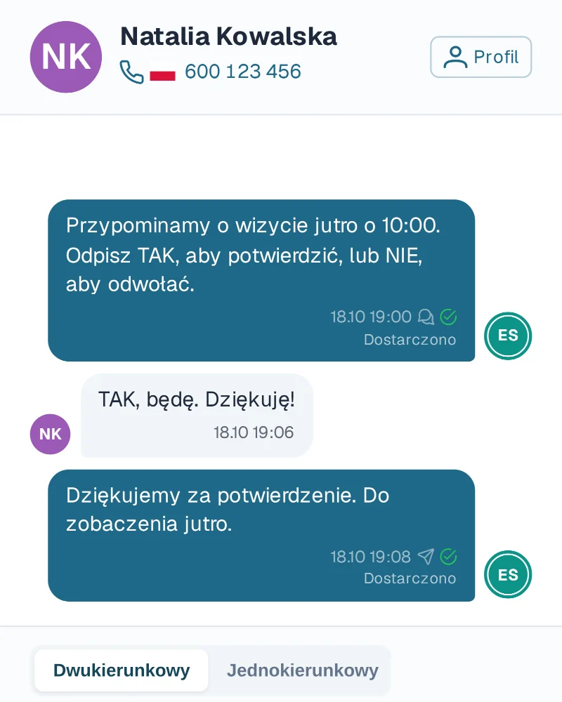 Rozmowa SMS w Rewi: dostarczone przypomnienie o wizycie, odpowiedź klientki „TAK, będę” i potwierdzenie salonu