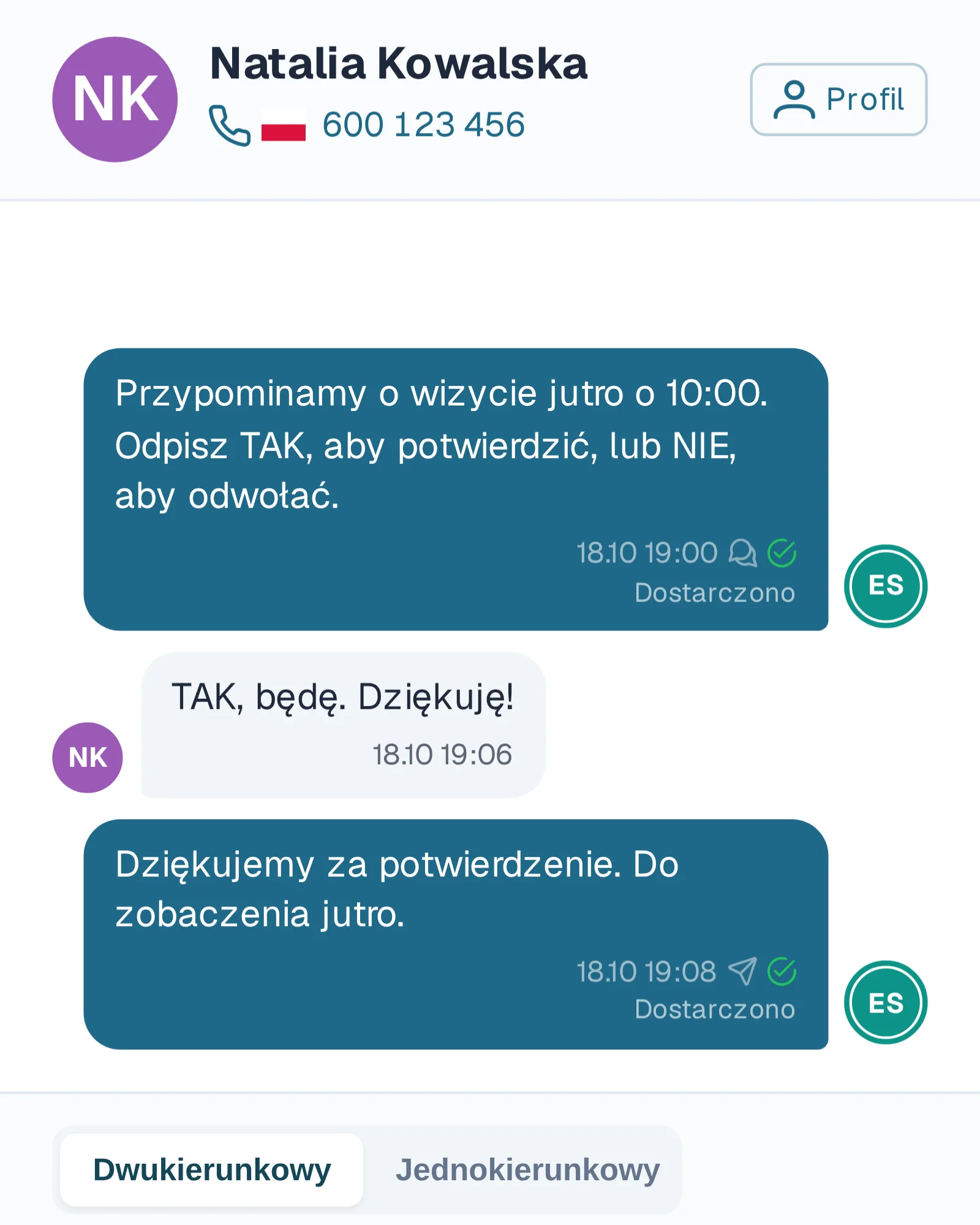 Rozmowa SMS w Rewi: dostarczone przypomnienie o wizycie, odpowiedź klientki „TAK, będę” i potwierdzenie salonu