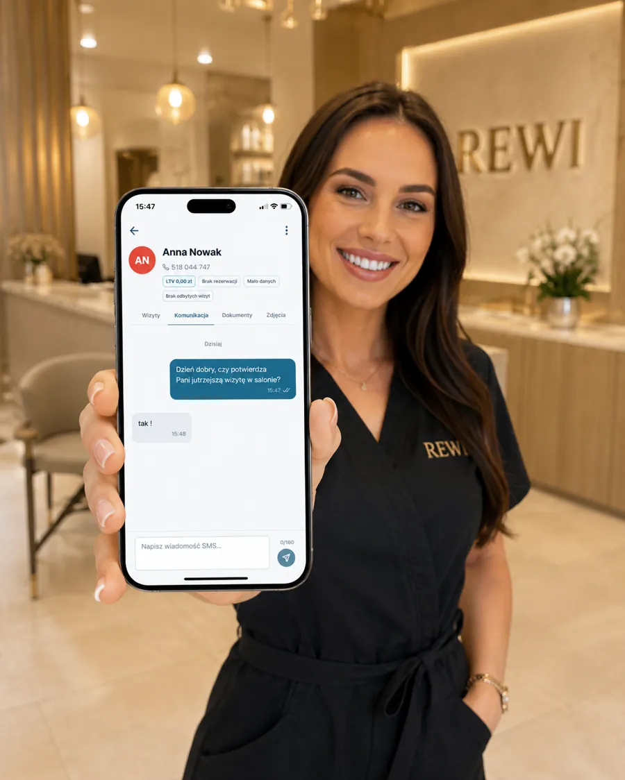 Panel komunikacji SMS Rewi wyświetlony na telefonie w salonie beauty