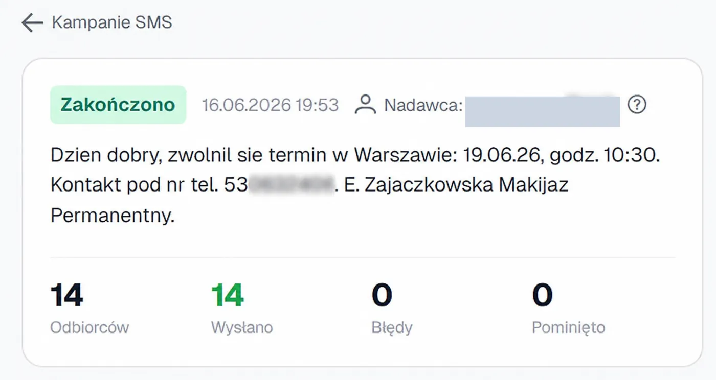 Raport kampanii SMS w Rewi informującej klientów o zwolnionym terminie